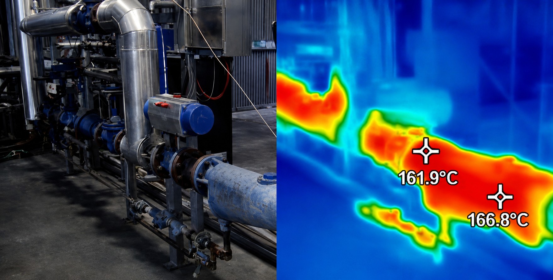 Thermal imaging showing uninsulated pipe run at 166°C